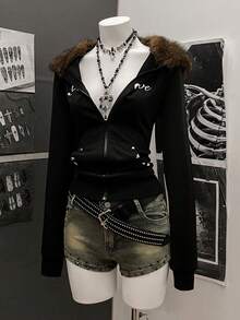 StreetHx Áo nỉ ôm sát cổ lông giả phong cách Punk đường phố dành cho nữ - màu đen - Xem 5