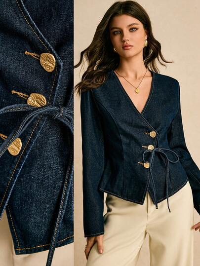 Poéselle 女士纯色休闲长袖牛仔外套 藏蓝色外套 女士牛仔上衣 女士裹身式上衣 藏蓝色上衣 女士牛仔上衣 女士圣诞节感恩节上衣 女士秋季圣诞节