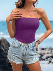 Sylviya Women's Solid Color Versatile Tight Fitting Crop Top, Suitable For Summer - Violet Purple - View 4