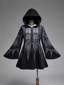 ROMWE EDITION Plus Size Vintage Gothic Church Cross Print Hooded Cinched Waist A-Line Mid-Length Coat - Black - View 3