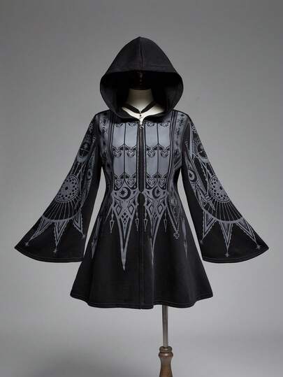 Goth Plus Size Vintage Gothic Church Cross Print Hooded Cinched Waist A-Line Mid-Length Coat