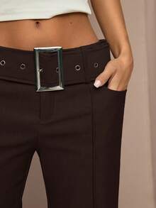 SHEIN BAE Women's Vintage Solid Color Low Waist Belted Flare Pants, Autumn,Fall,Fall Clothes For Women,Winter Clothes For Women - Coffee Brown - View 3
