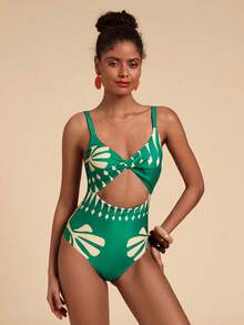Travachic 女士沙滩度假印花扭结吊带连体泳衣 - 綠色 - 查看 5