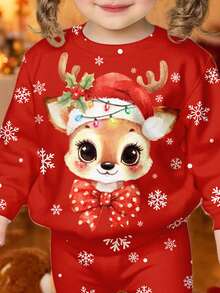 一套女婴休闲安哥拉红色圣诞快乐可爱童话驯鹿插画印花圣诞前夜卫衣和打底裤，柔软厚实的圆领长袖套头衫和修身长裤，适合秋冬季穿着。 - 彩色 - 查看 4