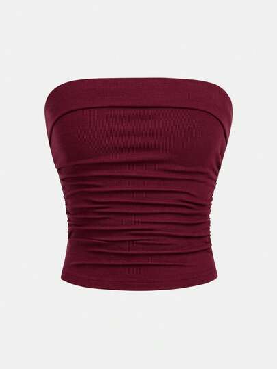 SHEIN Girlism Teen Girls Ruched Waist Knit Crop Top Camisole Red Tube Top Tube Top Strapless Top Tube Tops Women Tube Top With Bra