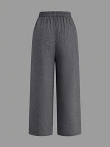 SHEIN Unity 大码女式梭织面料纹理亚麻混纺弹力腰直筒宽松裤，带口袋 - 灰色 - 查看 2