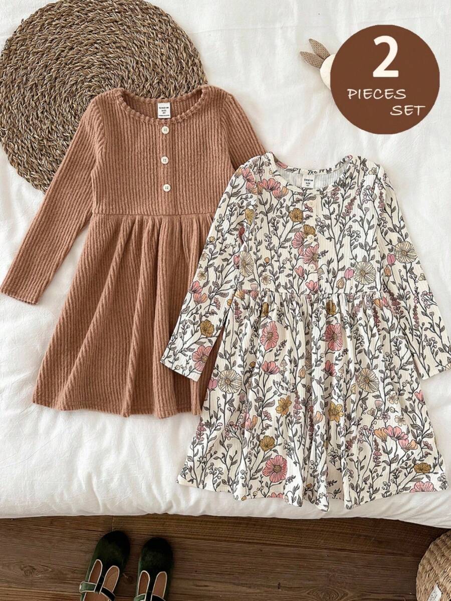 LMoss Kids LMoss 2pcs Young Girl Knitted Solid Color Round Neck Casual Dress Set, Suitable For Everyday Wear, Long Sleeve Dresses, Cozy Fall & Winter Styles, Fall - Multicolor - View 1