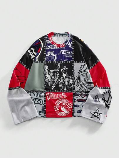 Street Life Men's Casual Preppy Skull Print Round Neck Long Sleeve T-Shirt, Autumn