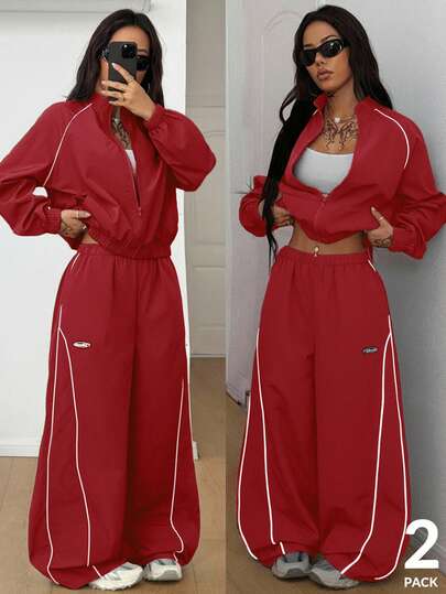 Coolane Winter Clothes For Women Streetwear Going Out Athleisure Basic Daily Wear Essentials Cargo Going Out Casual Burgundy Reflective Lapel Coat And Parachute Pants Cargo Pants,2pcs,Fall,Fall Clothes For Women,Women's Winter Clothes