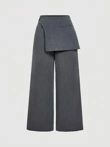 SHEIN MOD 大码女式深灰色翻边正装裤，适合返校季、秋冬季工作装，阔腿翻边中腰裤，两用裤，宽松舒适，商务休闲皆宜。 - 深灰色 - 查看 7