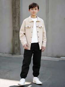 2 piezas Conjunto de chaqueta y pantalones casuales de lana y caqui para adolescentes, adecuado para salidas de otoño/invierno - Caqui - Ver 5