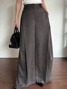 DAZY 女士休闲宽松条纹口袋阔腿裤秋冬 - 灰色 - 查看 8