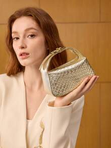 MOTF PREMIUM LADIES EXQUISITE WOVEN EMBOSSED MATERIAL HANDBAG WITH SMALL HARDWARE DECORATION DETAILS,NEW YEARS - Gold - View 7
