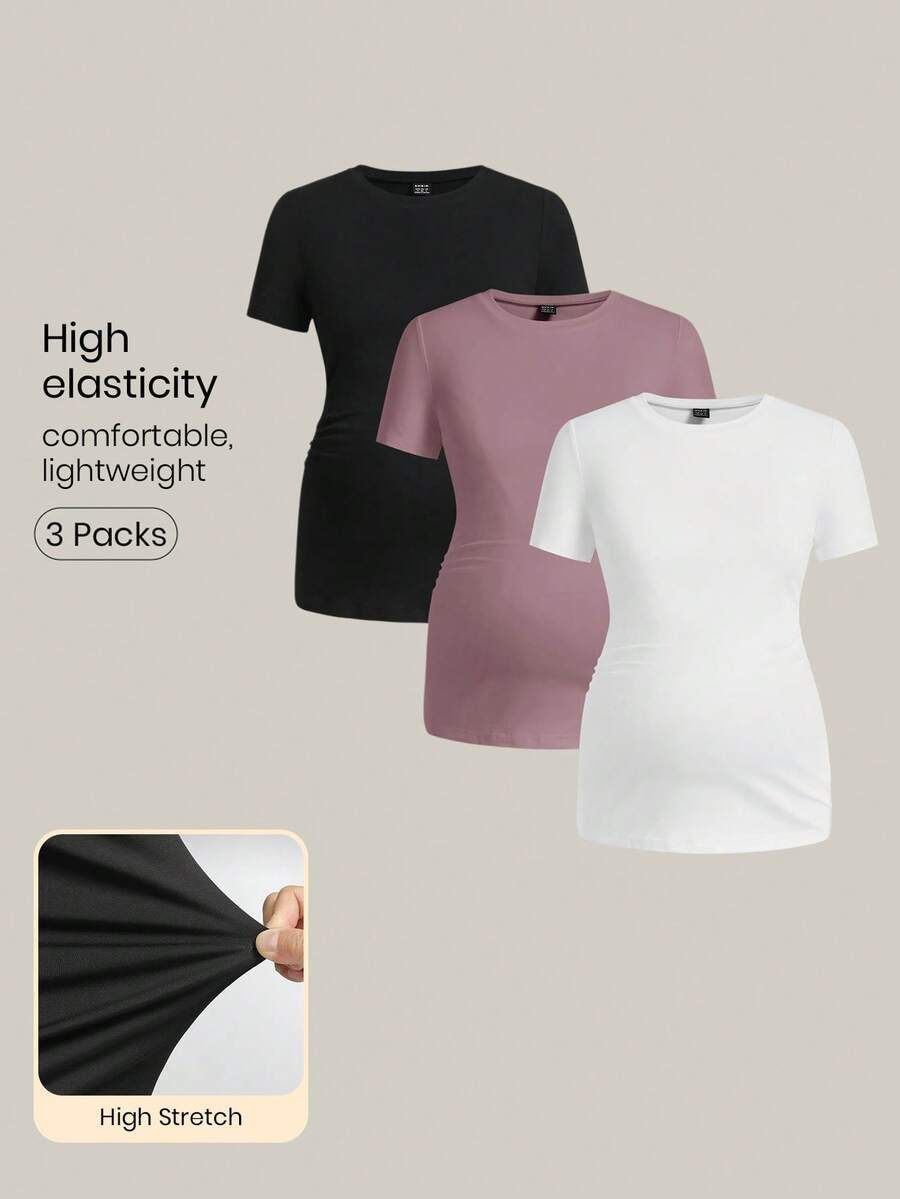 Modmama Maternity Short Sleeve Round Neck Solid Color Casual T-Shirt - Multicolor - View 1