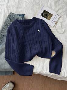 SHEIN 少女休闲纯色圆领长袖麻花针织毛衣，麻花针织毛衣，女童短款针织上衣，短款毛衣，少女毛衣，女童针织上衣，秋冬女装 - 藏蓝色 - 查看 4