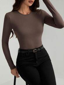 SHEIN Tall Solid Slim Fit Spring Women Bodysuit - Coffee Brown - View 4