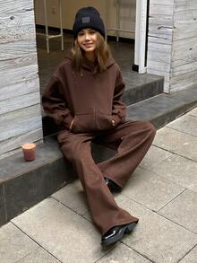DAZY Bộ đồ nữ gồm áo hoodie và quần nỉ màu bạc ánh kim, kiểu dáng thường ngày, thích hợp mặc nhà mùa thu/đông. - Cà phê nâu - Xem 5