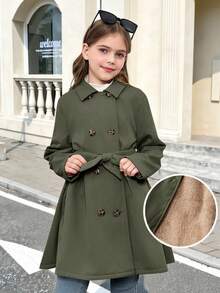 SHEIN Serisse Kids Tween Girls Solid Simple Green Color Thermal Lined Long Coat With Lapel, Suitable And Warm For Autumn Winter, Daily Wear, Casual Occasion, Back To School Trench Coat Kids Girl Coats Tween Dress Coat Girls Wool Coat Girls Coat Peter Pan - Army Green - View 8