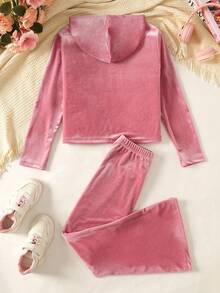 2pcs Tween Girls Casual Loose Comfortable Soft Letter Embroidered Hoodie Sweatshirt And Flare Pants Set - Pink - View 2