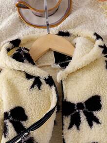 Young Girls Cute Apricot Bow Fashionable Comfortable Autumn/Winter Hooded Long Sleeve Jacket, Children Cozy Versatile Fluffy Winter Single-Breasted Hooded Cardigan Outerwear - Apricot - View 4