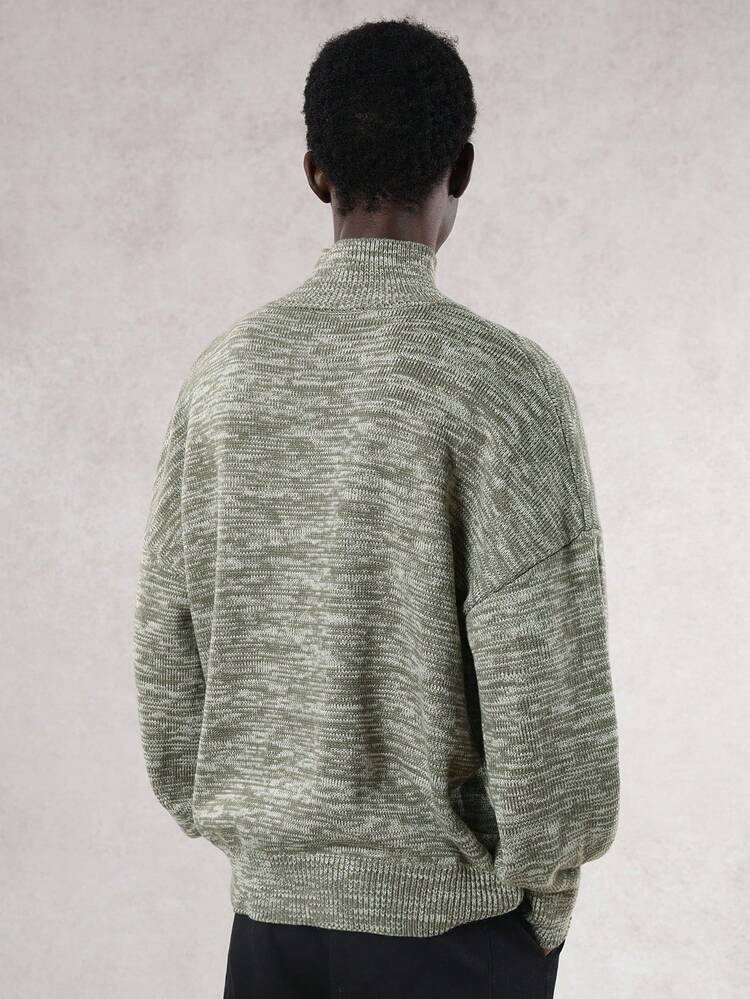 Men's High Neck Khaki Green Floral Mesh Sweater, Autumn