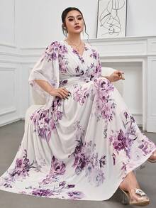 Modelyn 大码V领弹力A字印花连衣裙 - 彩色 - 查看 4