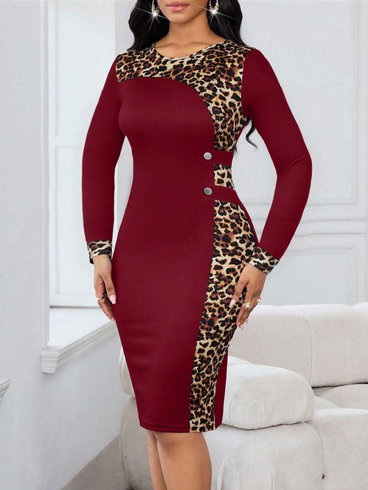 SHEIN Lady Plus Size Leopard Print Round Neck Fitted Elegant Long Sleeve Dark Red Dress  Valentine's Day Elegant Dresses For Women - Burgundy - View 5