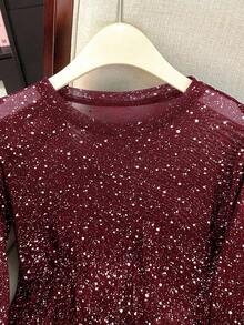 Franclia Red Round Neck Mesh Patchwork Long Sleeve Top, Metallic Foil - Burgundy - View 3