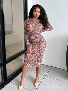 Alexandranx Vestido apretado con pliegues laterales con estampado de leopardo para otoño, vestido de manga larga, ropa interior de otoño, ropa de oficina, vestido sexy y elegante con estampado de leopardo para mujer - Multicolor - Ver 5