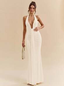 SHEIN BAE 优雅的米黄色性感深V领连衣裙，黄色连衣裙，优雅长裙，春夏款 - 杏色 - 查看 5