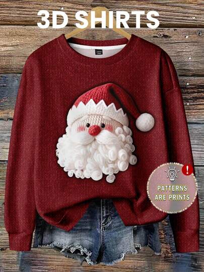 SHEIN LUNE Sudadera holgada de mujer con cuello redondo y estampado minimalista casual de Papá Noel para otoño e invierno