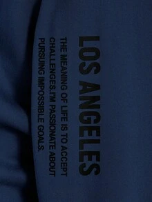 HIMLAND 男士休闲标语印花连帽运动衫 - 藏蓝色 - 查看 3