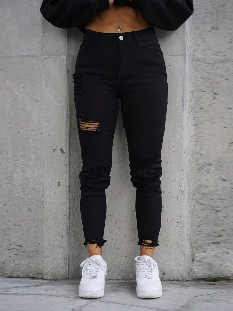 SAYEHFBABY 女士簡約純色日常穿著牛仔長褲 - 黑色 - 查看 5