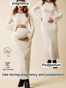 Boho Mama 孕妇纯色圆领长袖修身优雅连衣裙 - 白色 - 查看 8