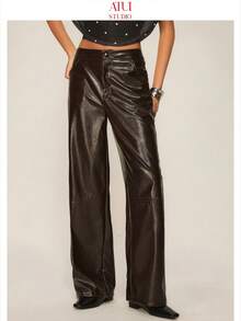ATUI Studio Women's PU Leather Pants, High Waist Cracked Texture, Straight Leg, Casual, Fashion Versatile, Suitable For Work And Occasions