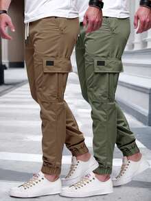 Manfinity Homme 2条装男士休闲时尚街头日常通勤简约百搭抽绳腰带翻盖口袋工装裤 - 彩色 - 查看 3