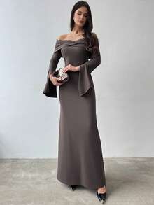 Firerie Váy dài tay màu nâu lệch vai phối ren chắp vá mới thanh lịch lãng mạn cho tiệc cưới, dự tiệc dành cho nữ, váy thu đông cho nữ, váy nâu cho nữ, áo khoác ngoài - màu nâu - Xem 8