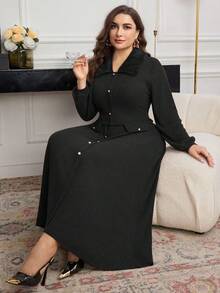 Modelyn Ribbed Knit Patchwork Faux Fur Collar Long Sleeve Elegant Fashionable Romantic Plus Size Dress - Black - View 1