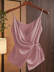 GlowEve 女士时尚休闲V领褶皱裹身蝴蝶结腰带A字吊带衫 - 西瓜粉 - 查看 1