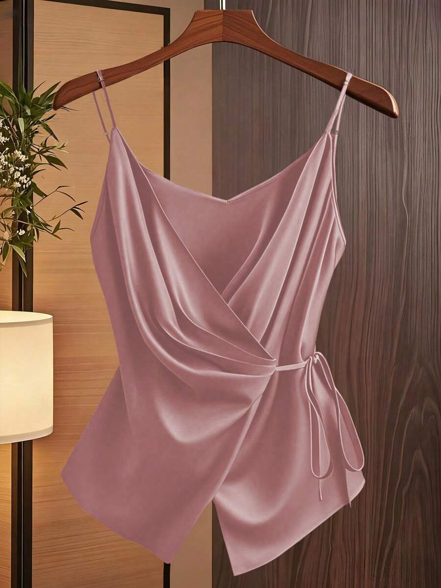 GlowEve 女士时尚休闲V领褶皱裹身蝴蝶结腰带A字吊带衫 - 西瓜粉 - 查看 1