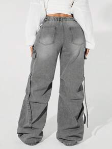 SHEIN ICON Plus Size Solid Color Casual Versatile Wide Leg Cargo Jeans - Light Grey - View 4