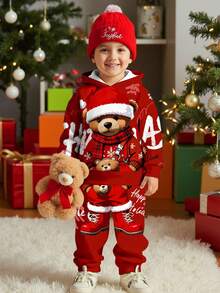 SHEIN 2 件套年轻男孩休闲简约时尚经典圣诞圣诞老人、圣诞树、圣诞礼物、可爱圣诞熊图案印花宽松连帽衫套装，适合秋冬季、圣诞节 - 彩色 - 查看 1