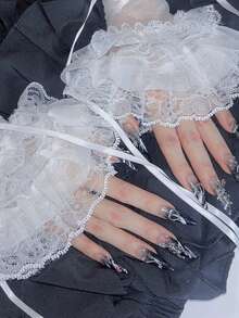 ROMWE Kawaii 洛丽塔蕾丝边网纱袖套，轻盈透气，适合音乐节派对 - 白色 - 查看 3