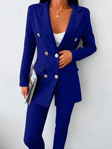 EURMUSE Komplet damski w jednolitym kolorze, z regularnymi ramionami i długim rękawem, z dwurzędowymi klapami - Królewski Niebieski - Zobacz 6