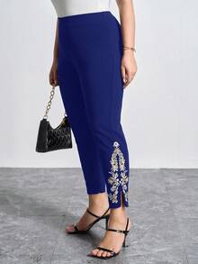 Chikora Celana Panjang Slim Fit Bordir Bunga Elegan Ukuran Plus, Cocok untuk Berpergian - Biru - View 4