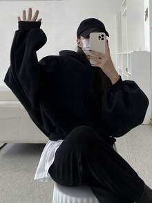 DAZY Women Solid Color Oversized Short Hooded Sweatshirt,Fall Clothes Hoodies - Black - View 6