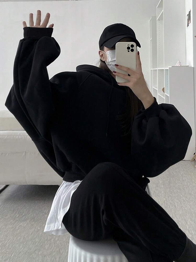 Women Solid Color Oversized Short Hooded Sweatshirt,Fall Clothes Hoodies