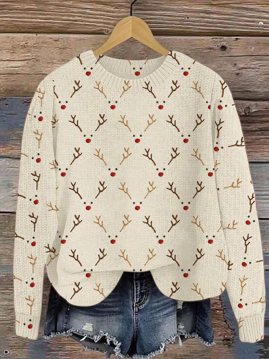 SHEIN LUNE Soft Knit Sweater With Christmas Reindeer Face Pattern, Casual Crew Neck Pullover, Suitable For Daily Wear, Christmas Gift - Multicolor - View 1