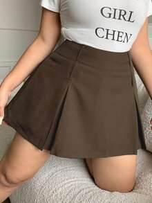 Dazy Plus Chân váy ngắn cỡ lớn màu trơn xếp ly, cạp đôi trang trí, thích hợp cho mùa xuân. - màu nâu - Xem 3