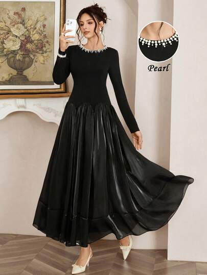 Opuloom Women's Round Neck Long Sleeve Pearl Collar Splice Mesh Fabric High-End Elegant Fashion Black Dress, Suitable For Daily Outing, Party, Gathering, Evening Banquet